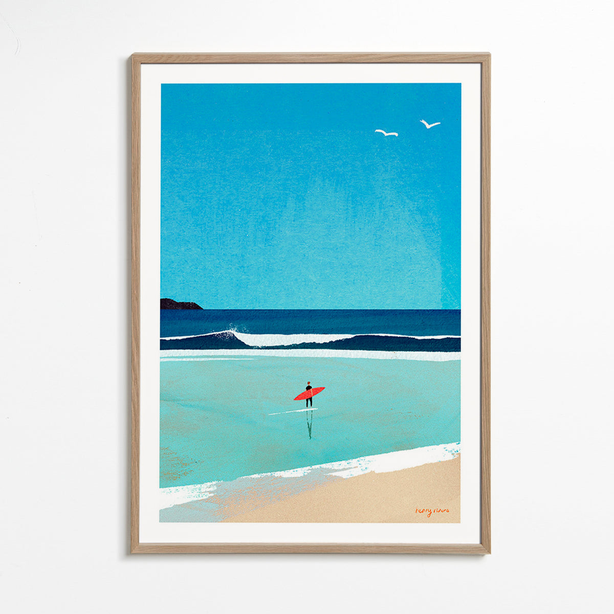 Sportkunst: surfer ved kysten – Oak Frame