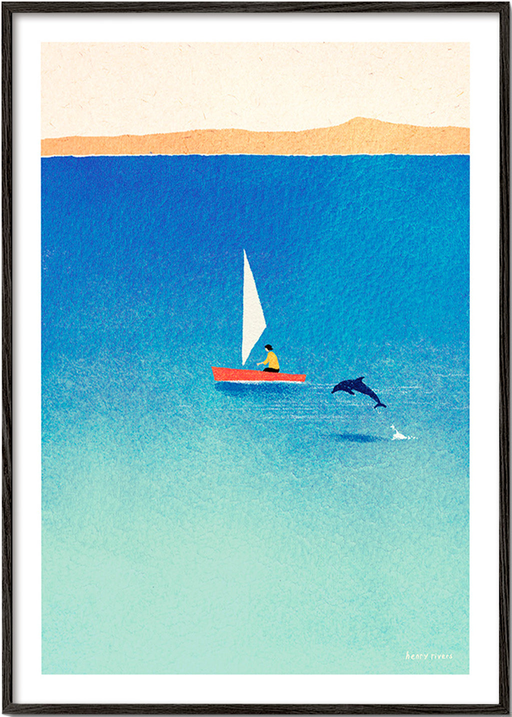 Kunst med delfin og sejlbåd på blåt hav – Black Frame