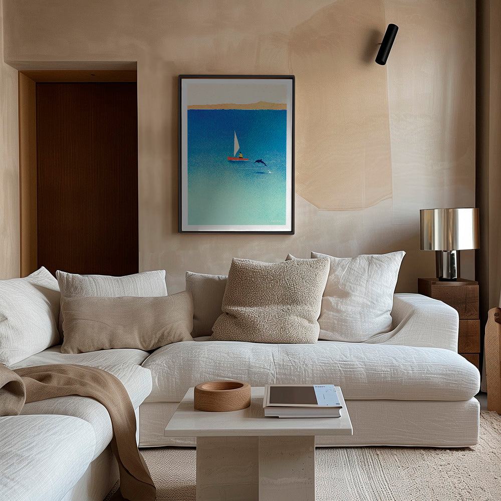 Kunst med delfin og sejlbåd på blåt hav – Canvas1