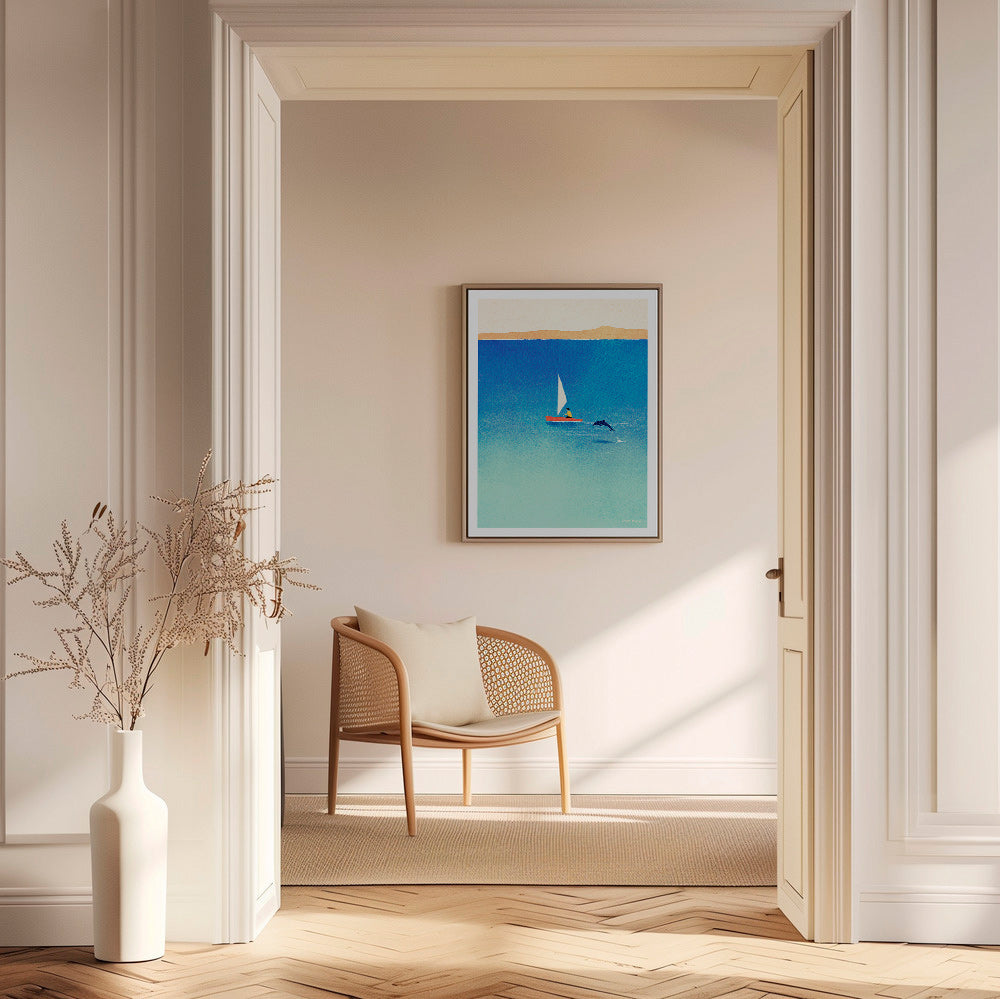 Kunst med delfin og sejlbåd på blåt hav – Canvas2