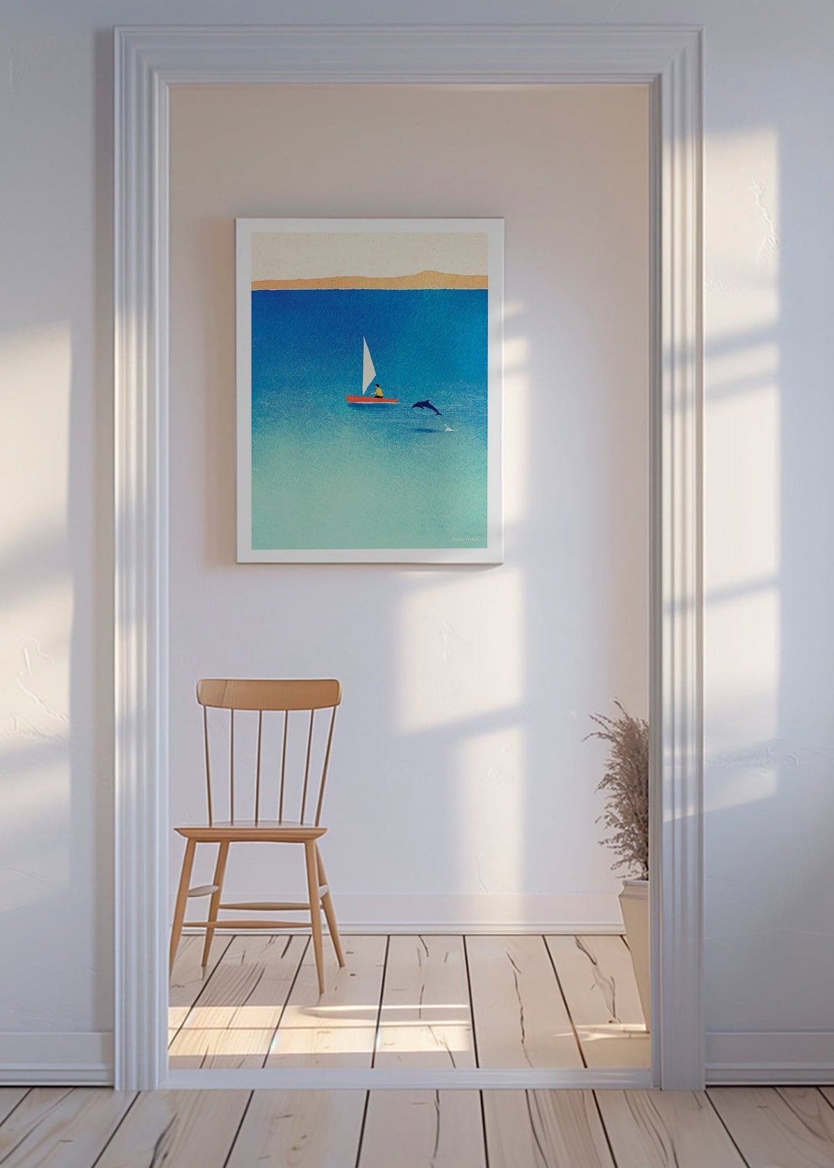 Kunst med delfin og sejlbåd på blåt hav – Canvas