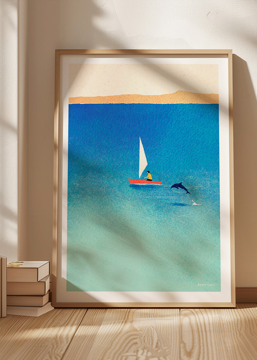 Kunst med delfin og sejlbåd på blåt hav – Product1