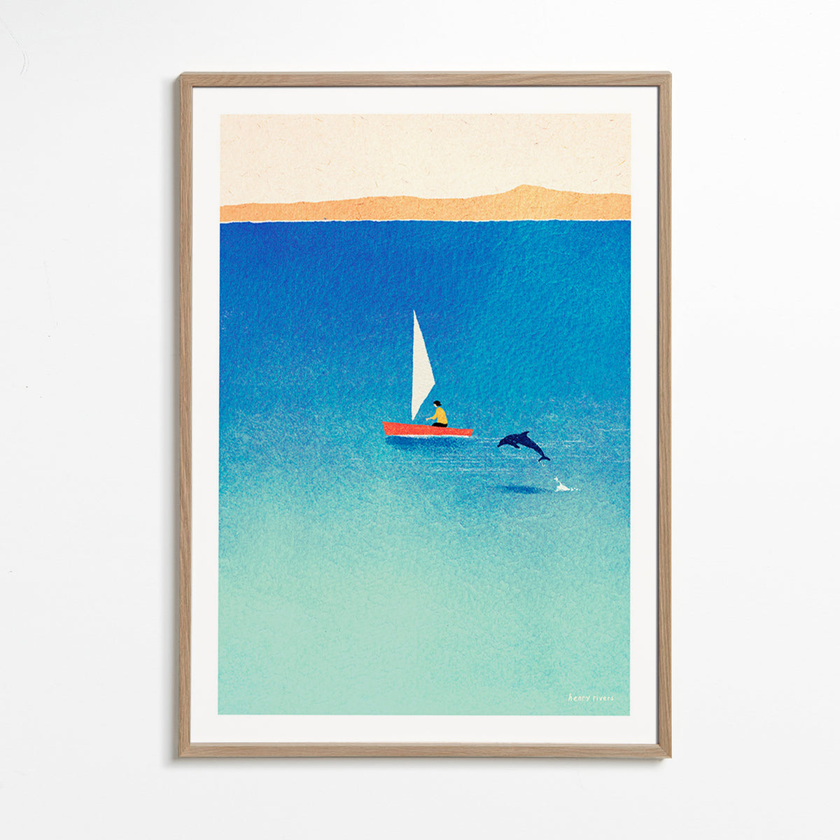 Kunst med delfin og sejlbåd på blåt hav – Oak Frame