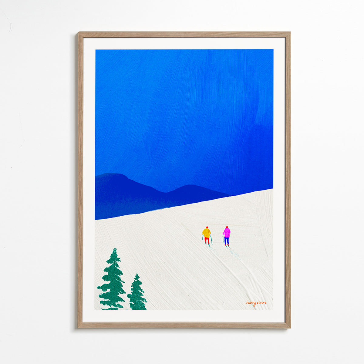 Sportkunst: to skiløbere på skråning – Oak Frame