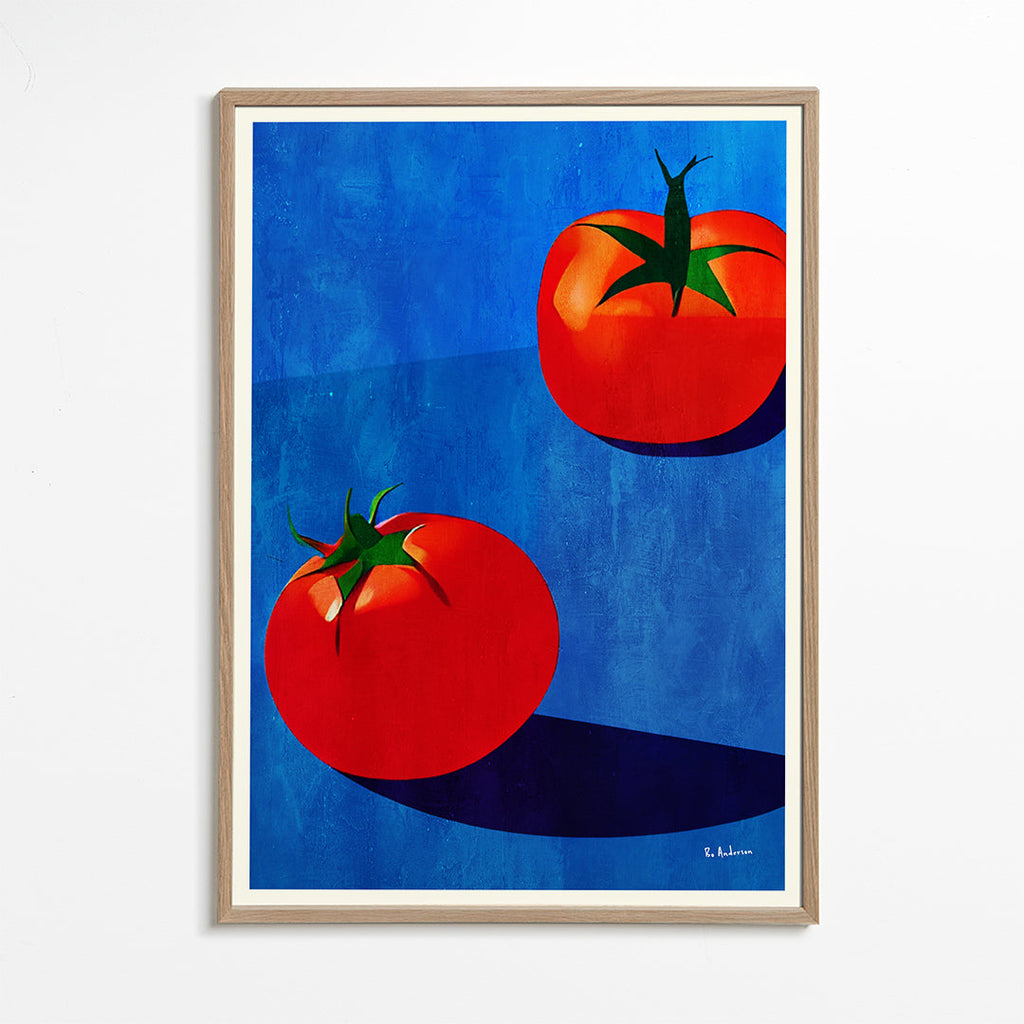 Køkkenkunst med tomater på blåt