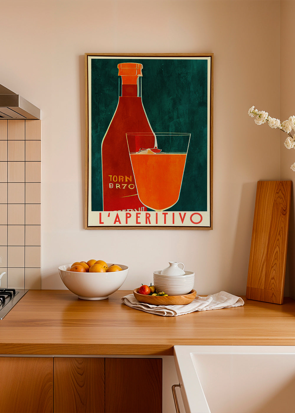 Køkkenkunst L'Aperitivo med flaske og orange glas