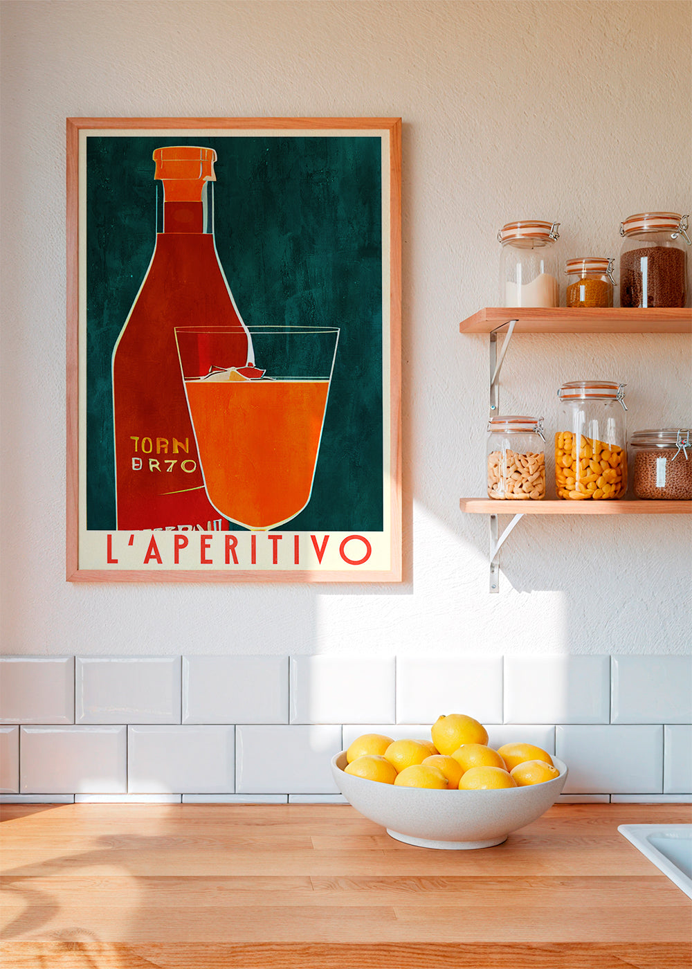 Køkkenkunst L'Aperitivo med flaske og orange glas
