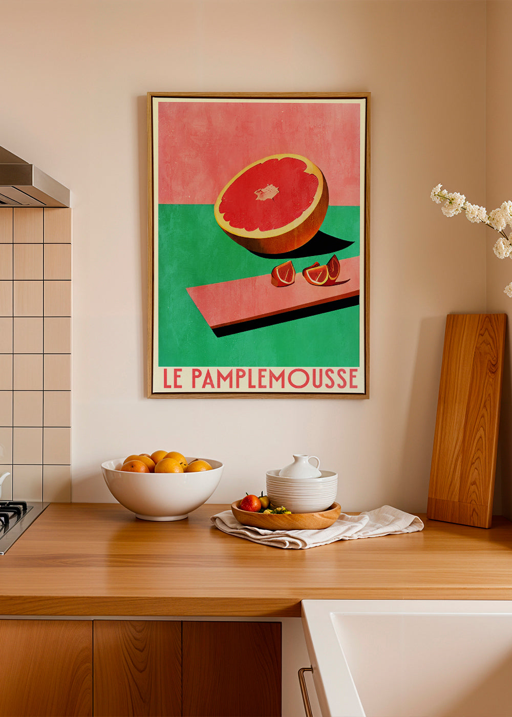 Køkkenkunst med grapefrugt i retroplakatstil