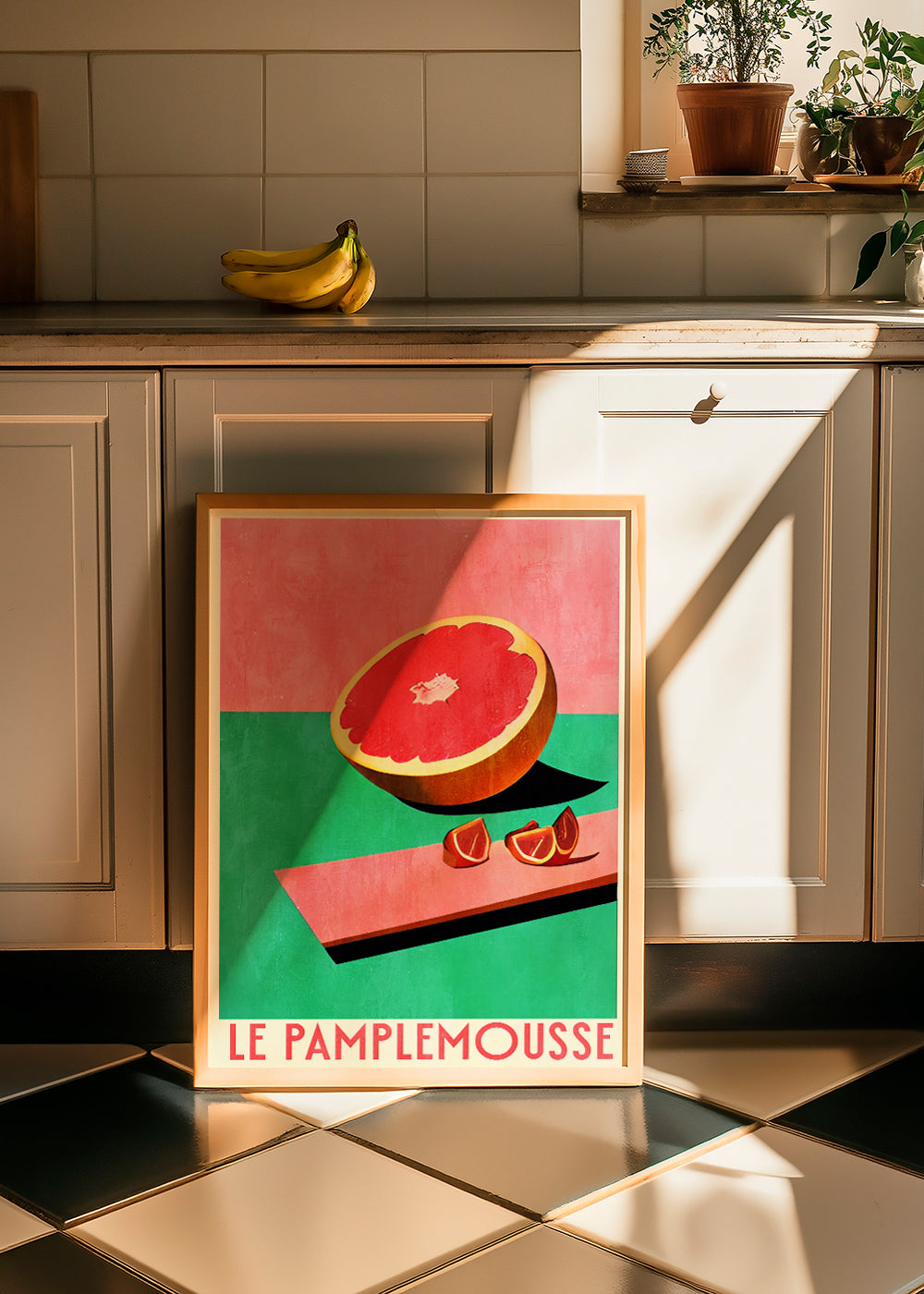 Køkkenkunst med grapefrugt i retroplakatstil