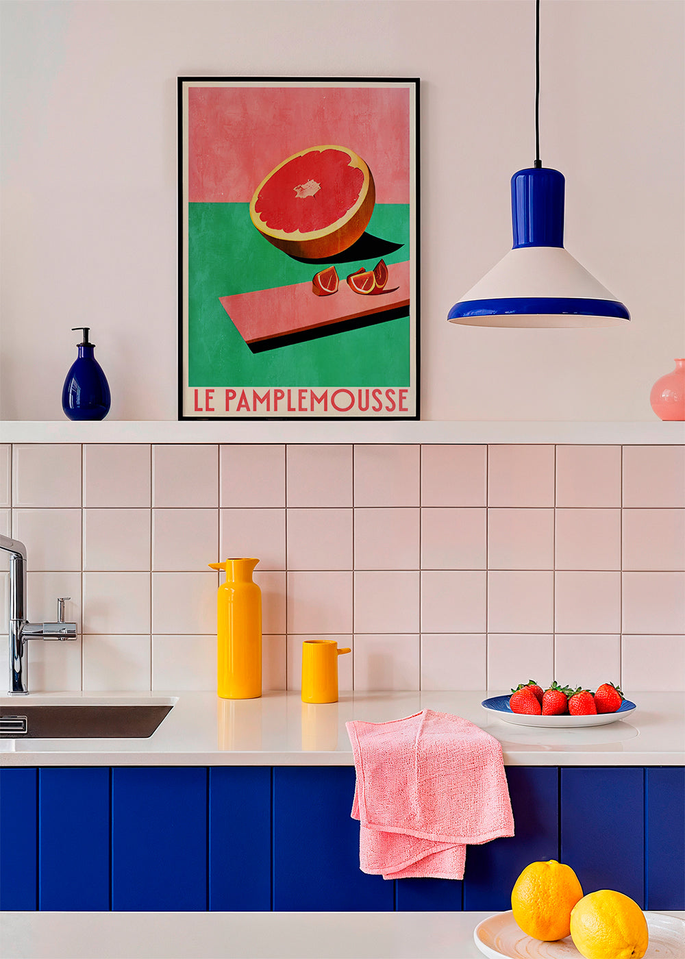 Køkkenkunst med grapefrugt i retroplakatstil