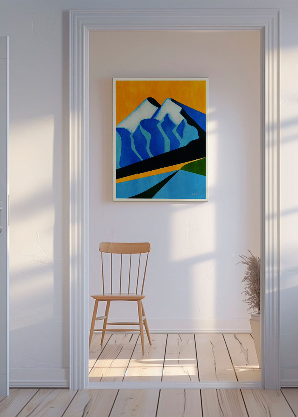 Landskab med styliserede blå toppe