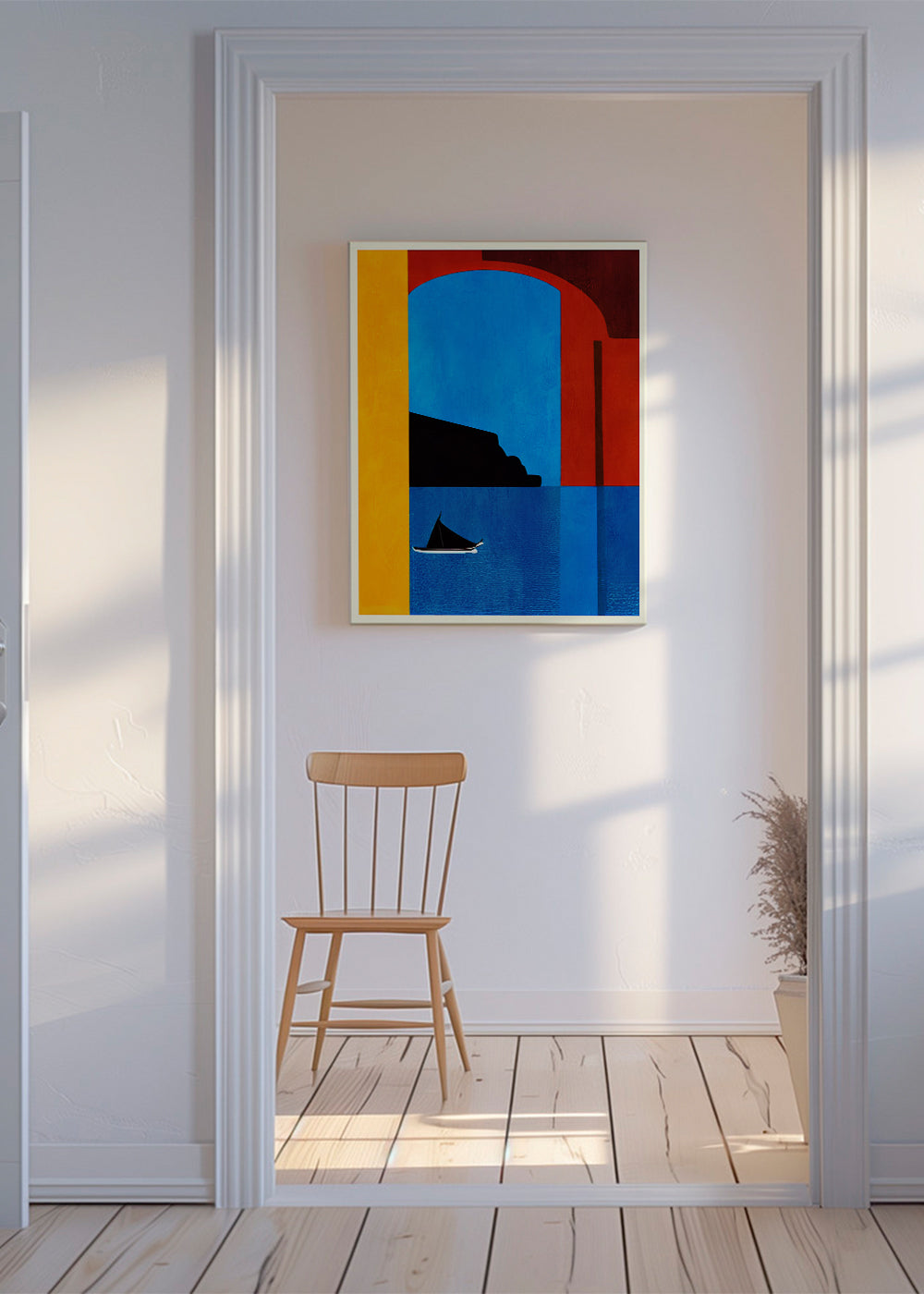 Landskabskunst med bue og båd