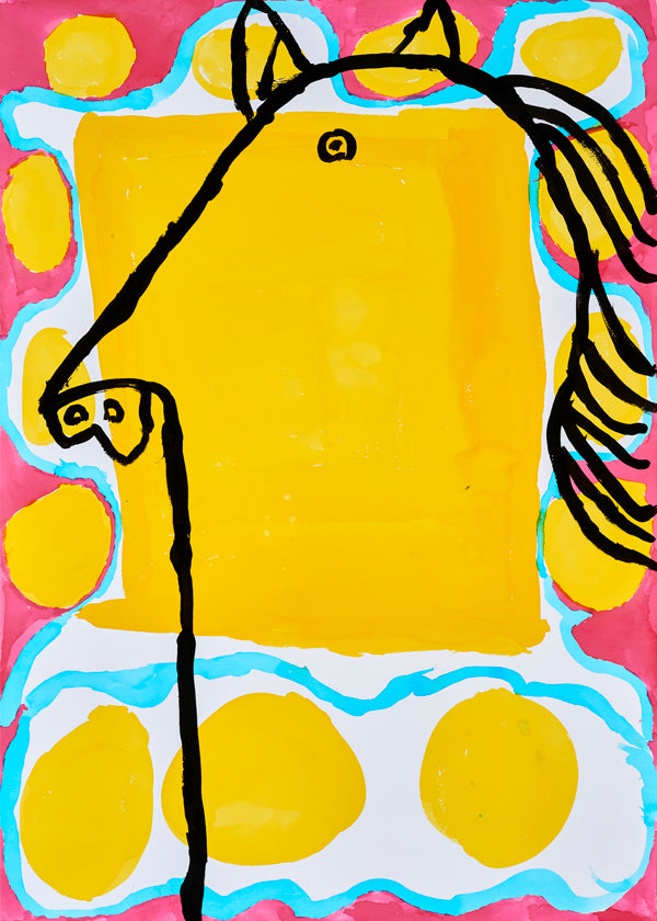 Illustration: pop-hest på gul baggrund