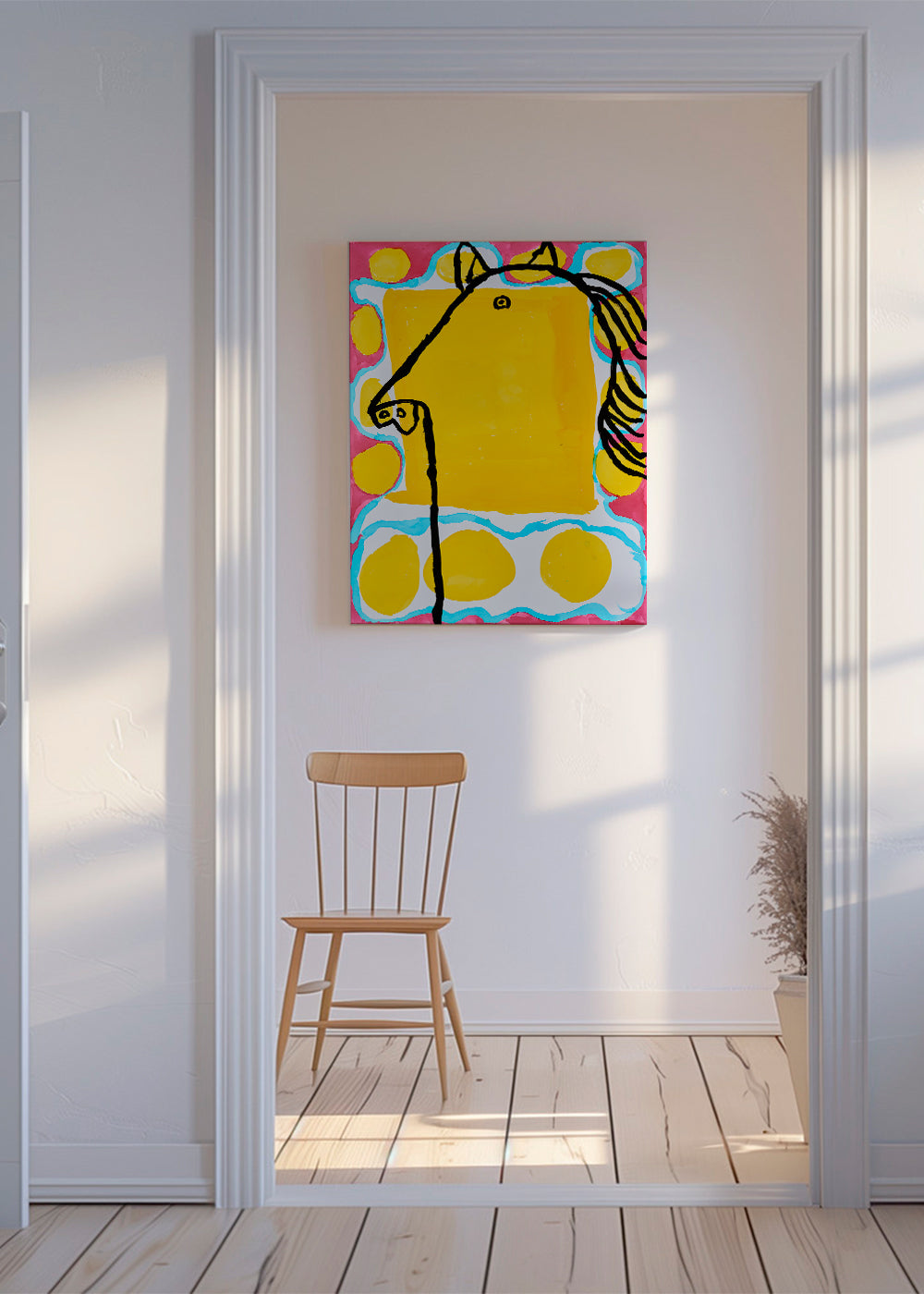 Illustration: pop-hest på gul baggrund