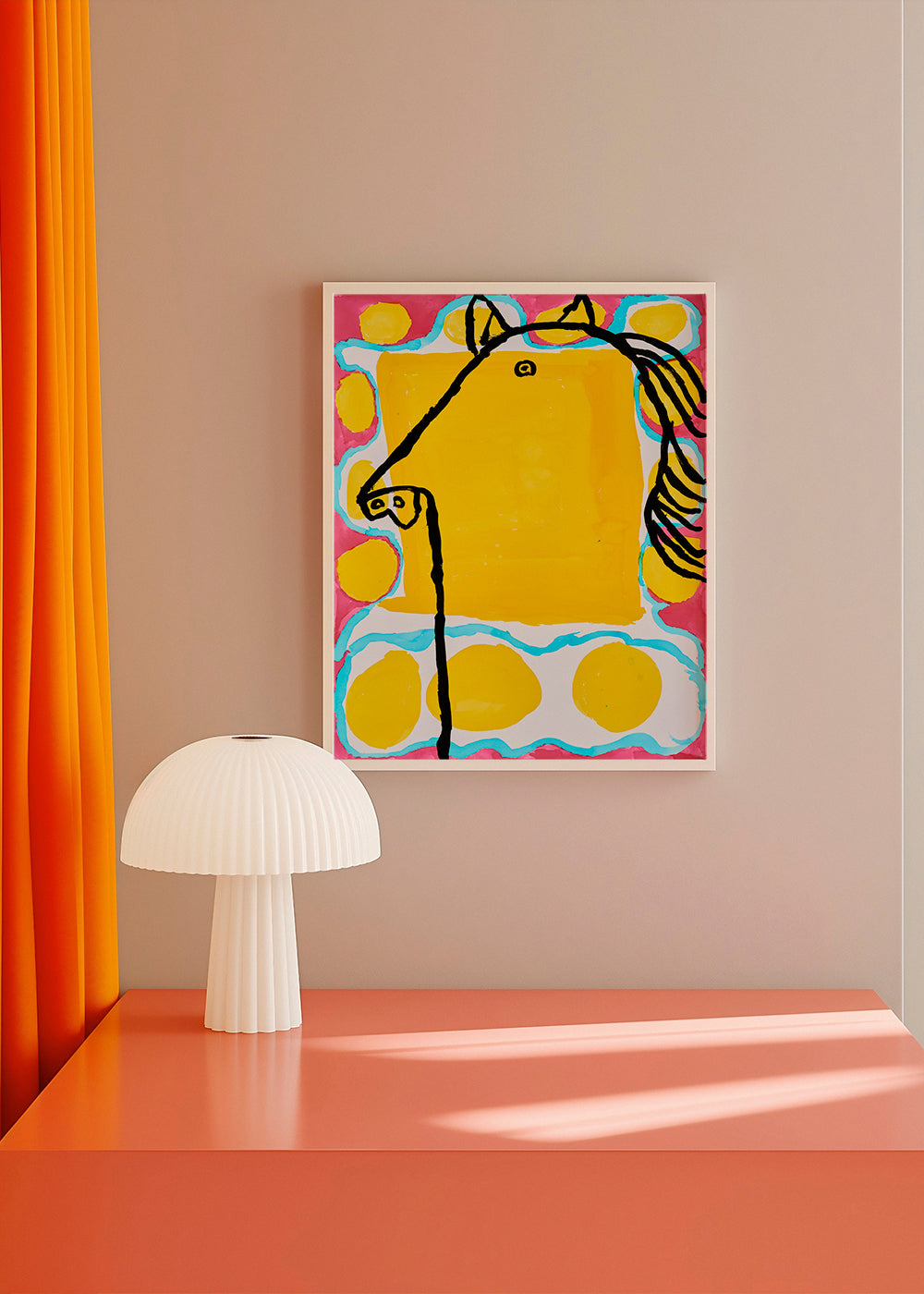 Illustration: pop-hest på gul baggrund