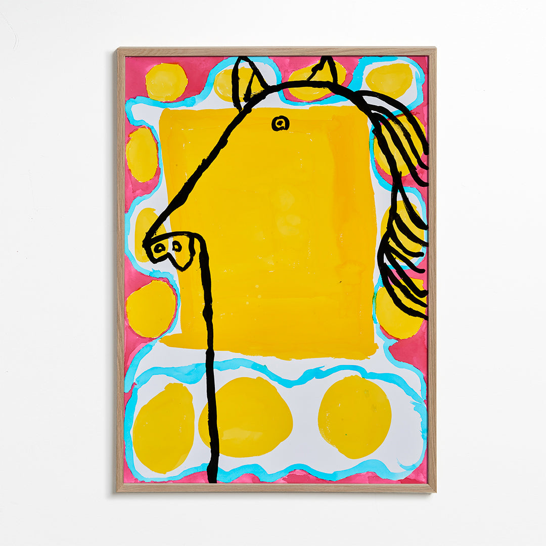 Illustration: pop-hest på gul baggrund