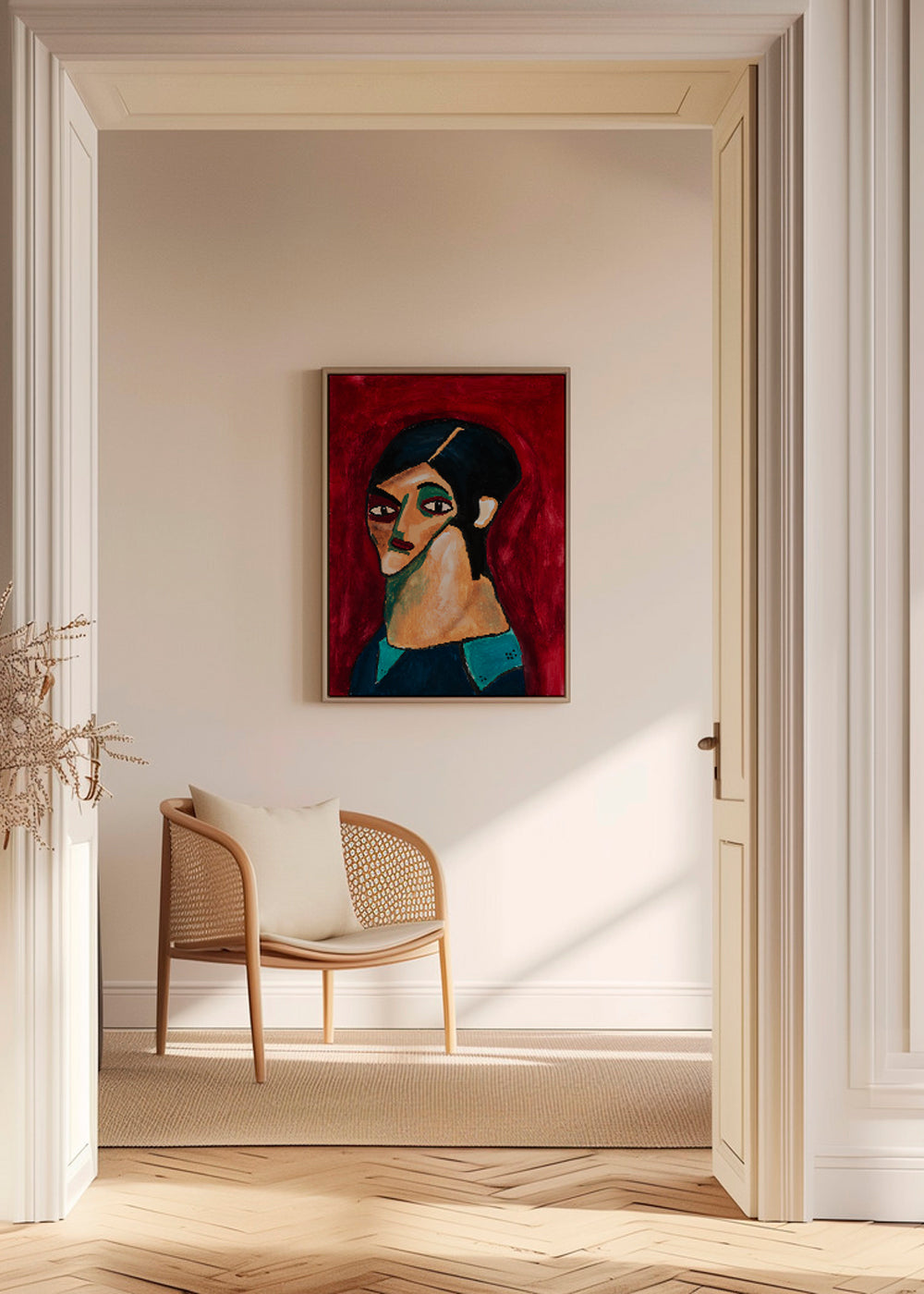 Abstrakt kunst: styliseret portræt på dyb rød