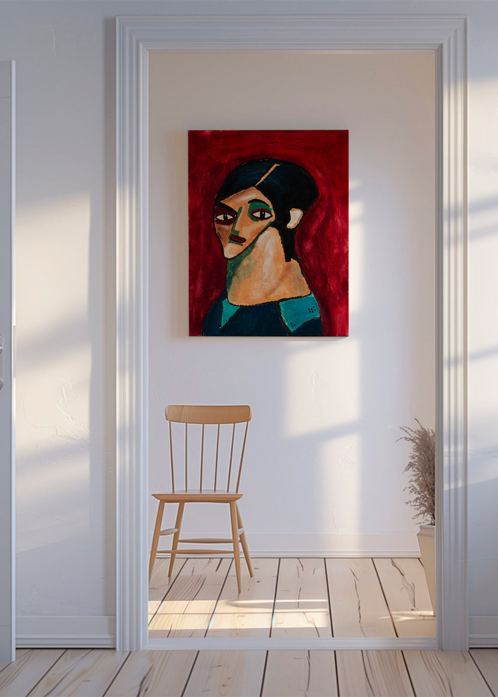Abstrakt kunst: styliseret portræt på dyb rød
