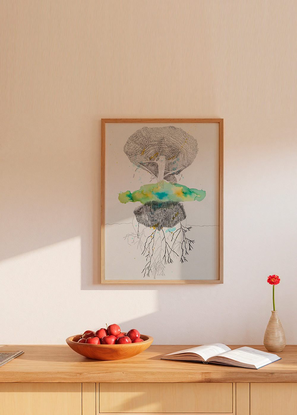 Botanisk plakat træ og rødder blæk og akvarel – Product1
