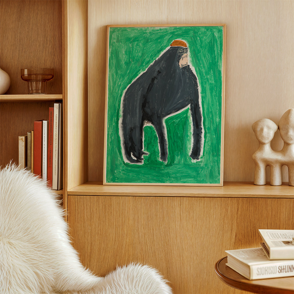 Billede gorilla udtryksfuld på grøn baggrund