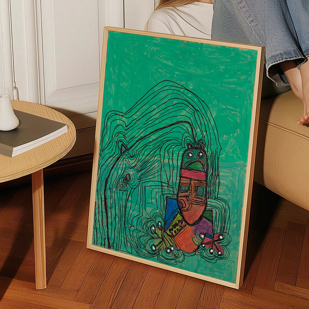Legende illustration med figur på grøn baggrund – Product3