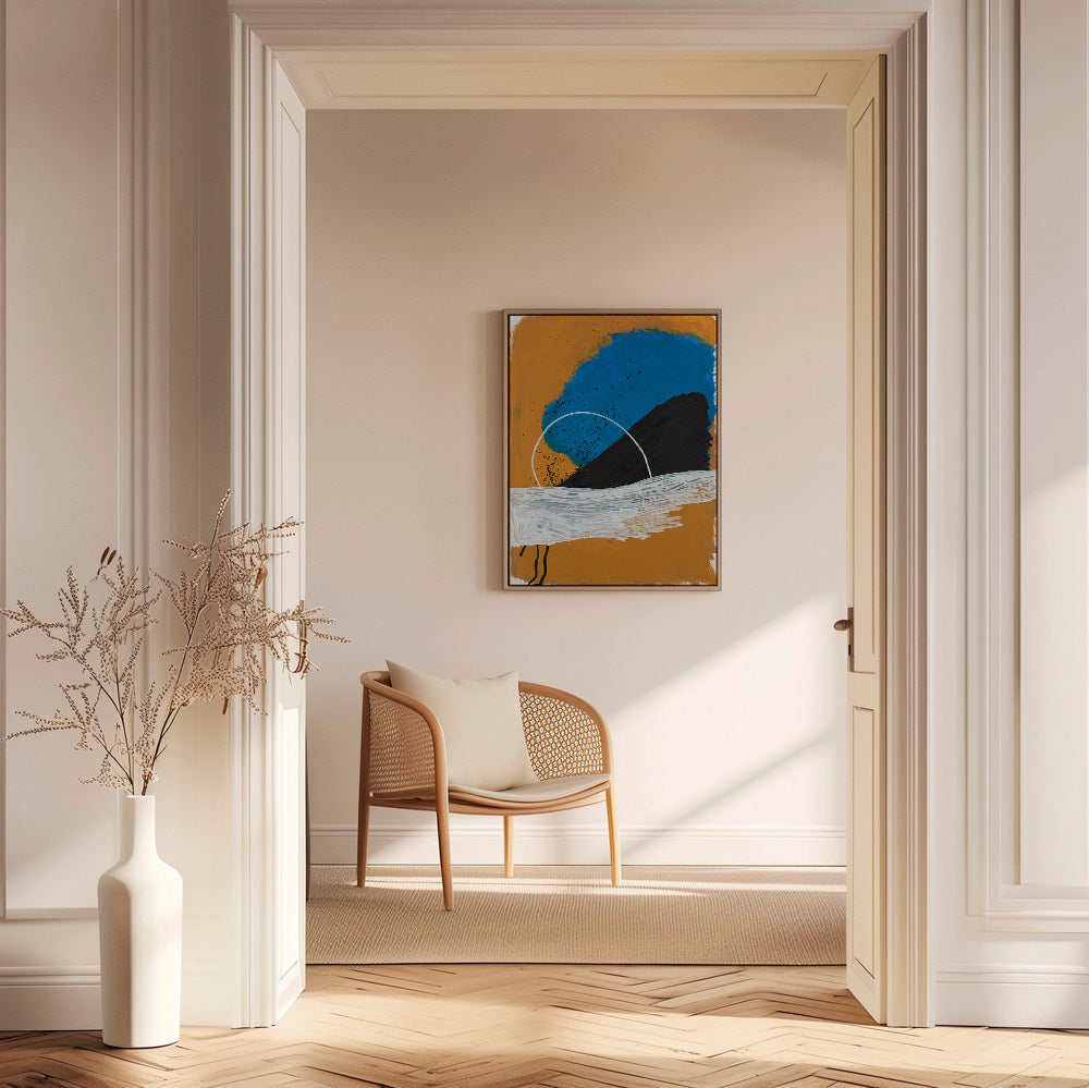 Abstrakt billede bue kyst i okker og blå – Canvas1