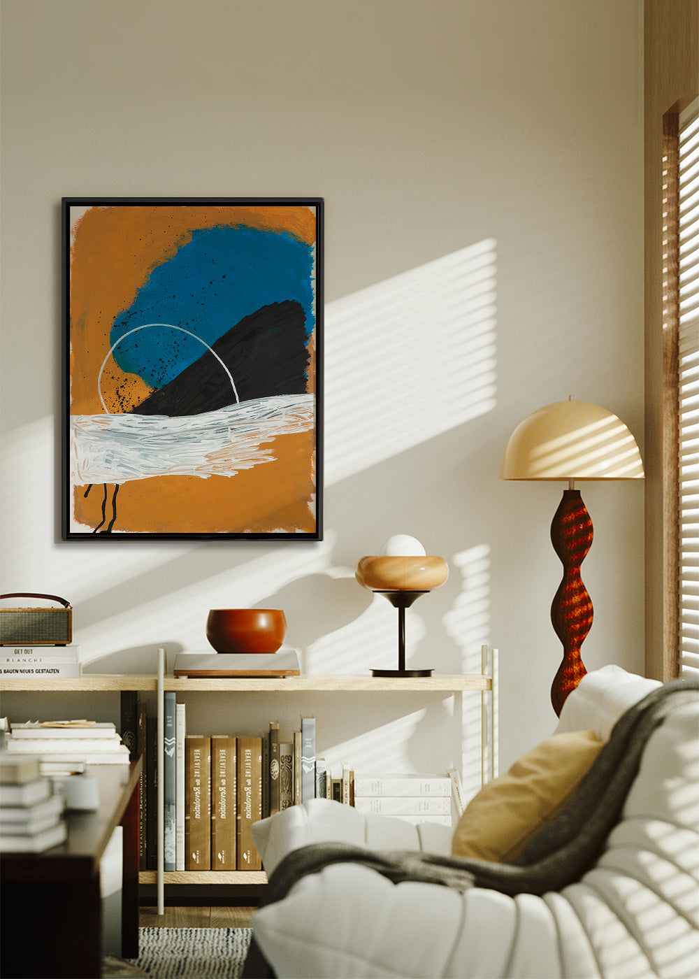 Abstrakt billede bue kyst i okker og blå – Canvas2