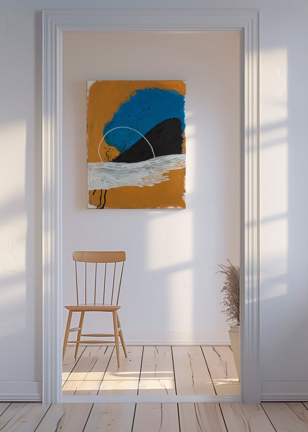 Abstrakt billede bue kyst i okker og blå – Canvas