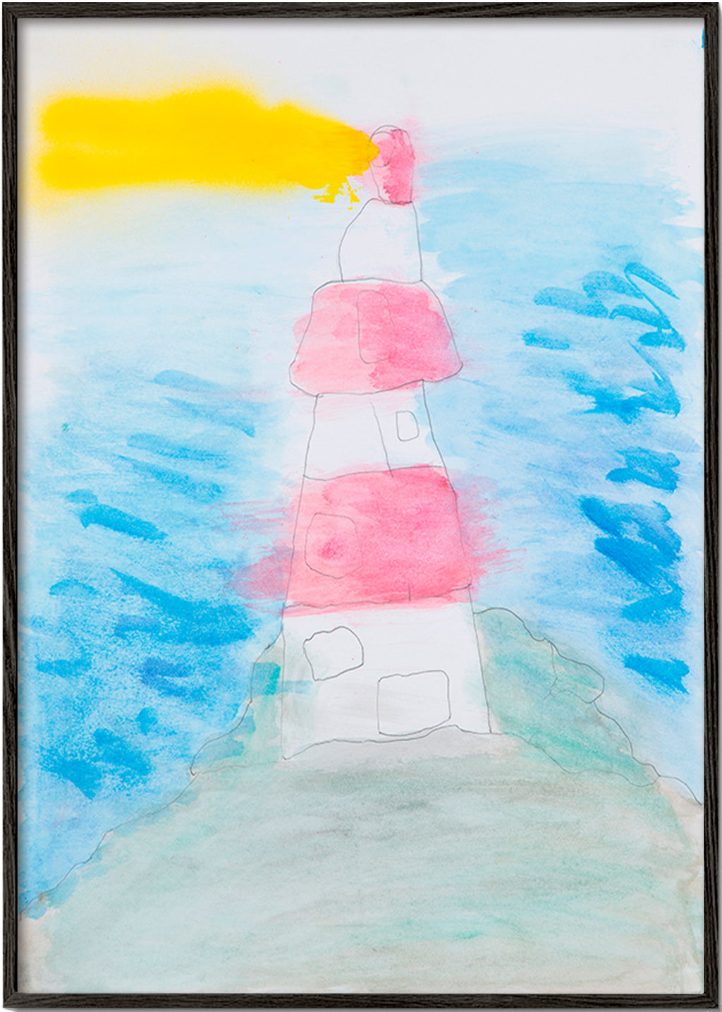 Landskabskunst: fyr i akvarel – Black Frame