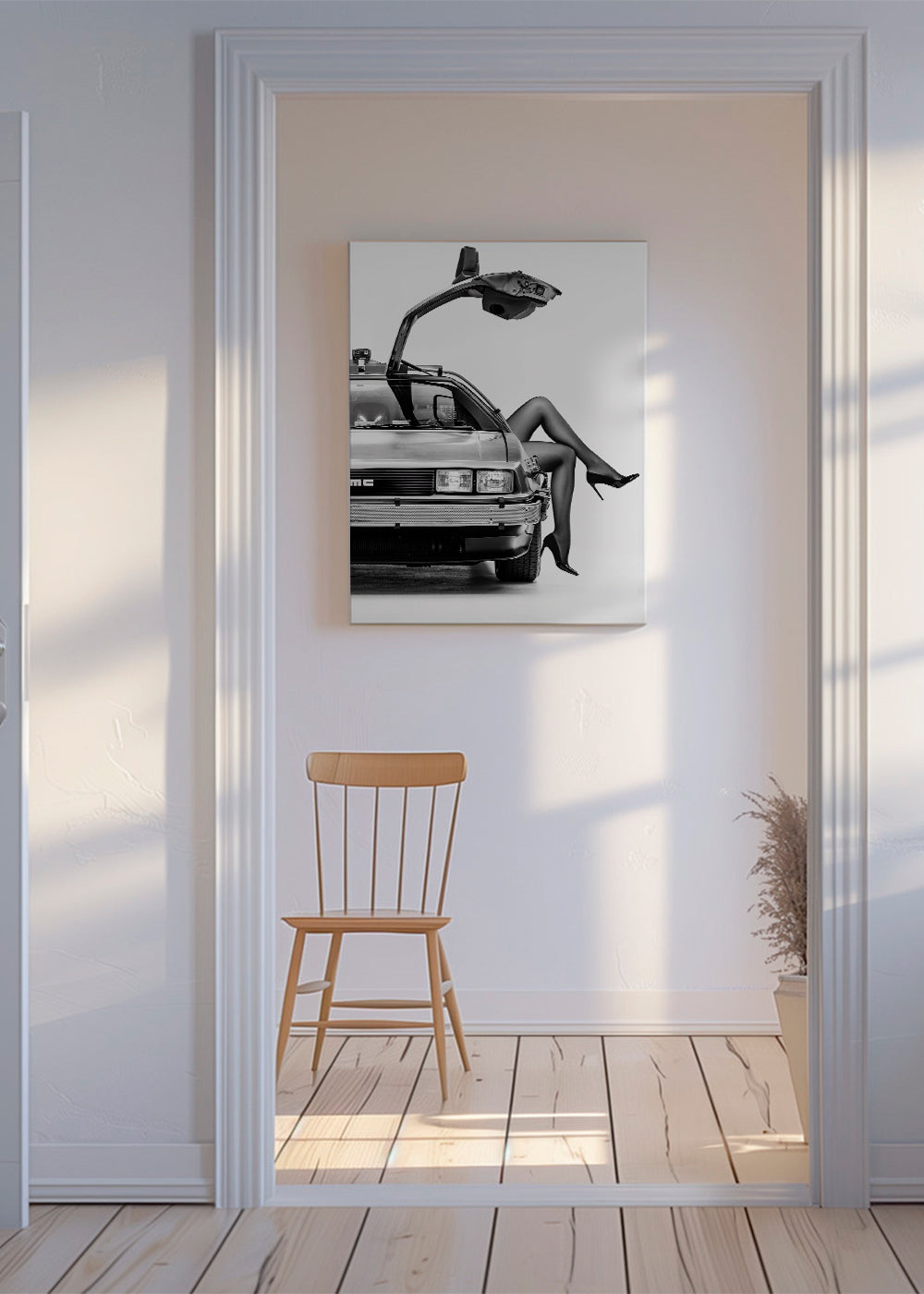 Sort-hvid kunst: DeLorean med stiliserede ben