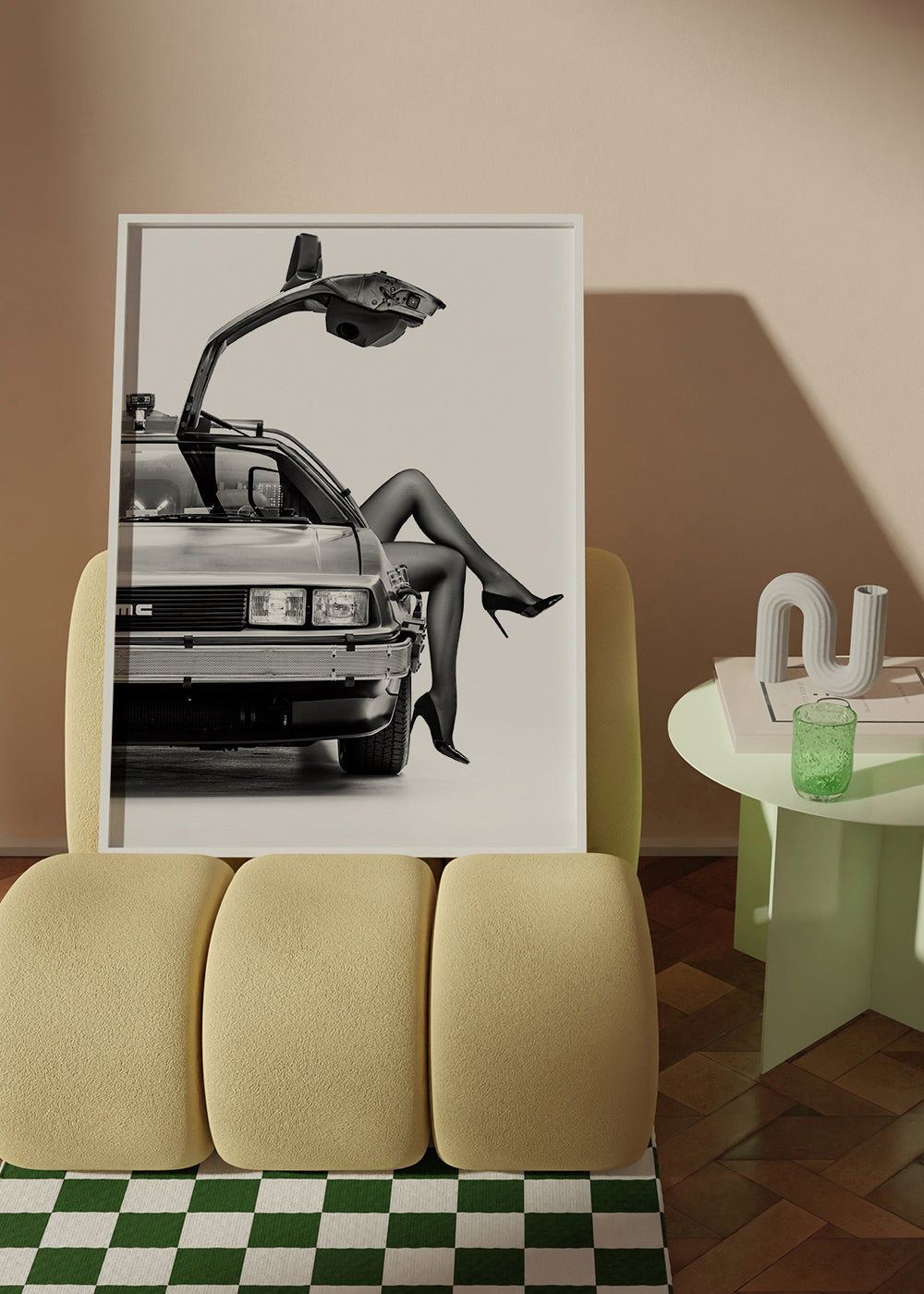 Sort-hvid kunst: DeLorean med stiliserede ben