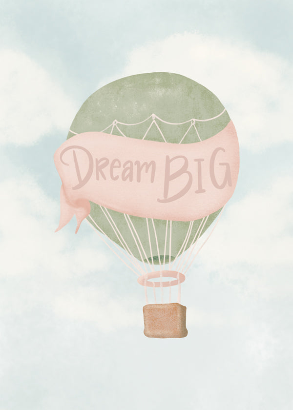 Børneplakat med varmluftballon og tekst