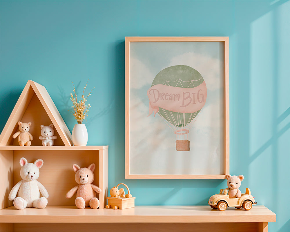 Børneplakat med varmluftballon og tekst