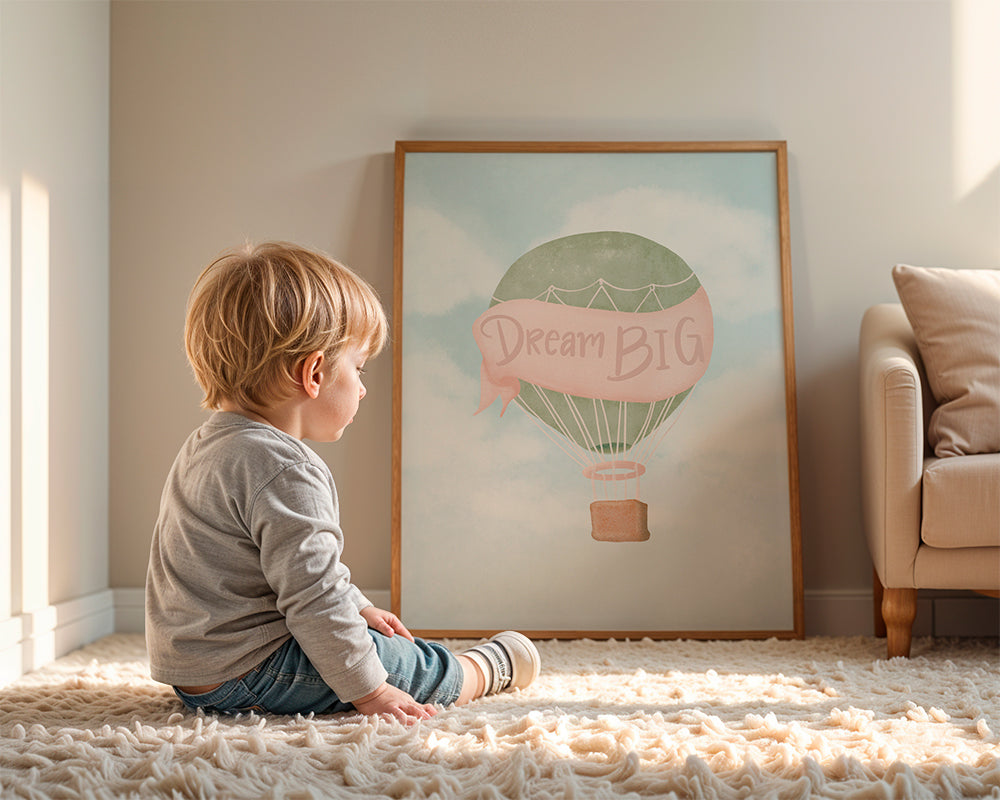Børneplakat med varmluftballon og tekst