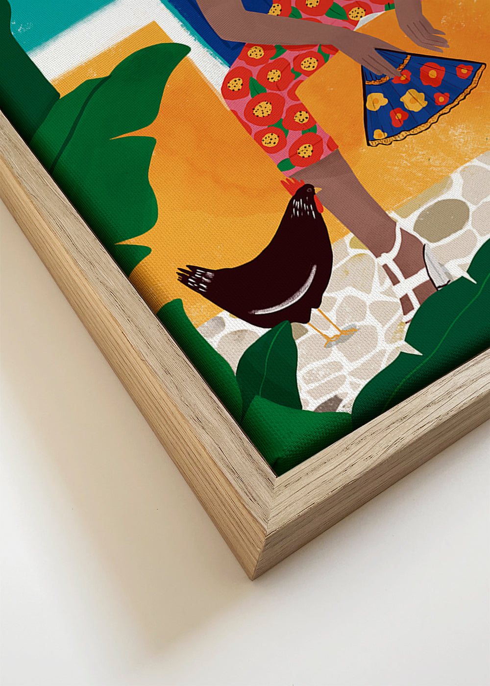 Illustration kvinde siddende blandt tropiske blade