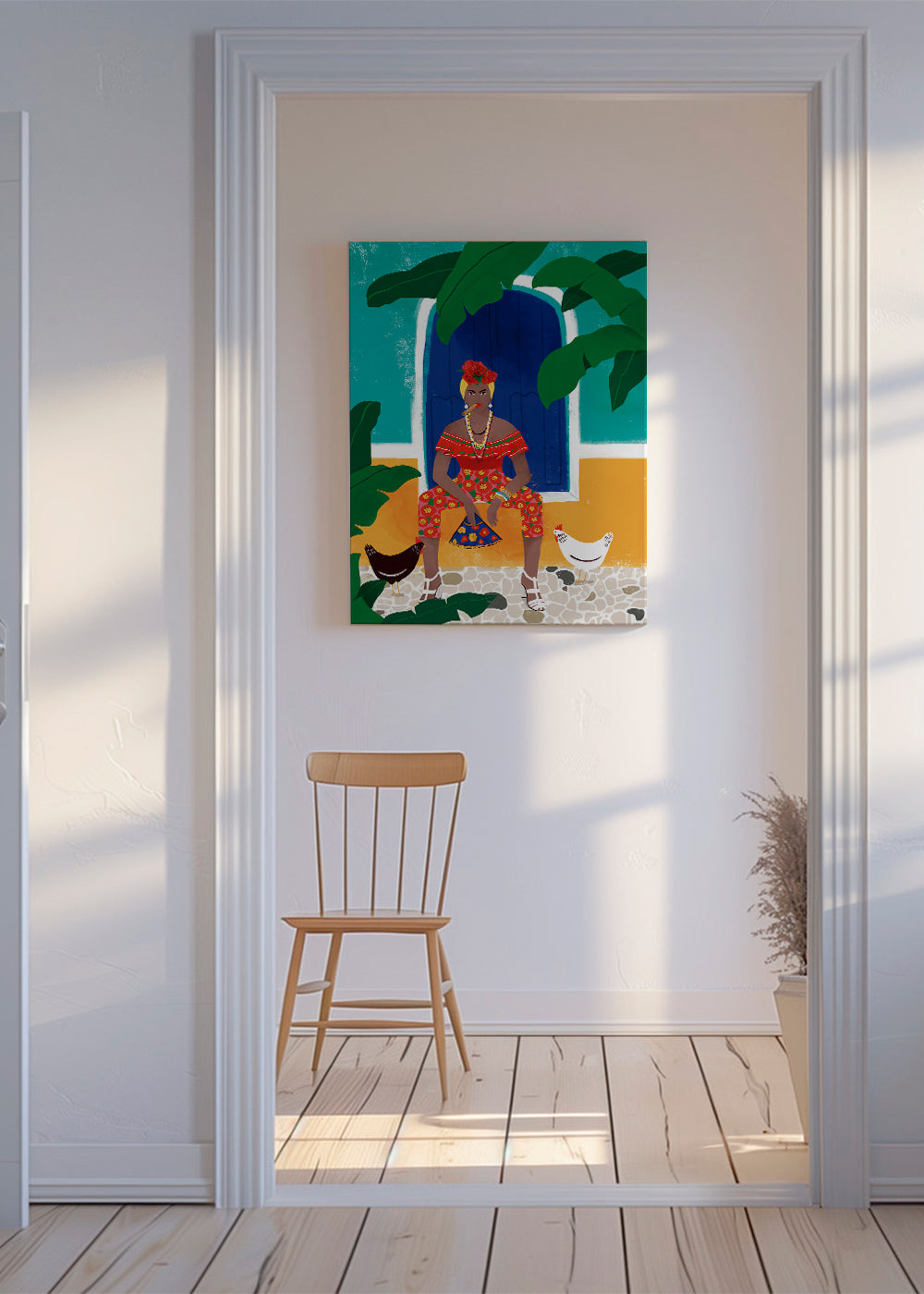 Illustration kvinde siddende blandt tropiske blade