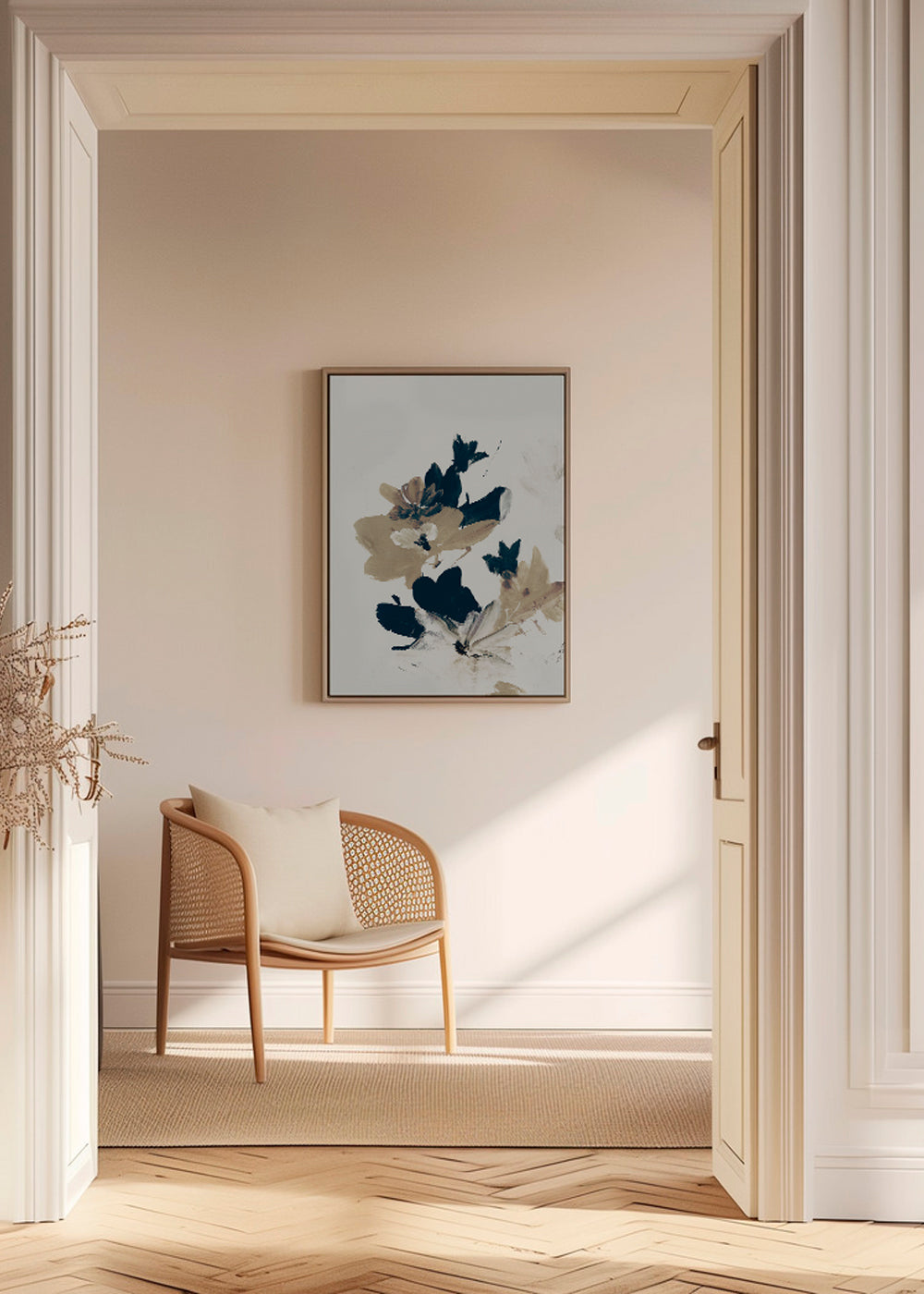 Botanisk plakat med beige og blå penselstrøg
