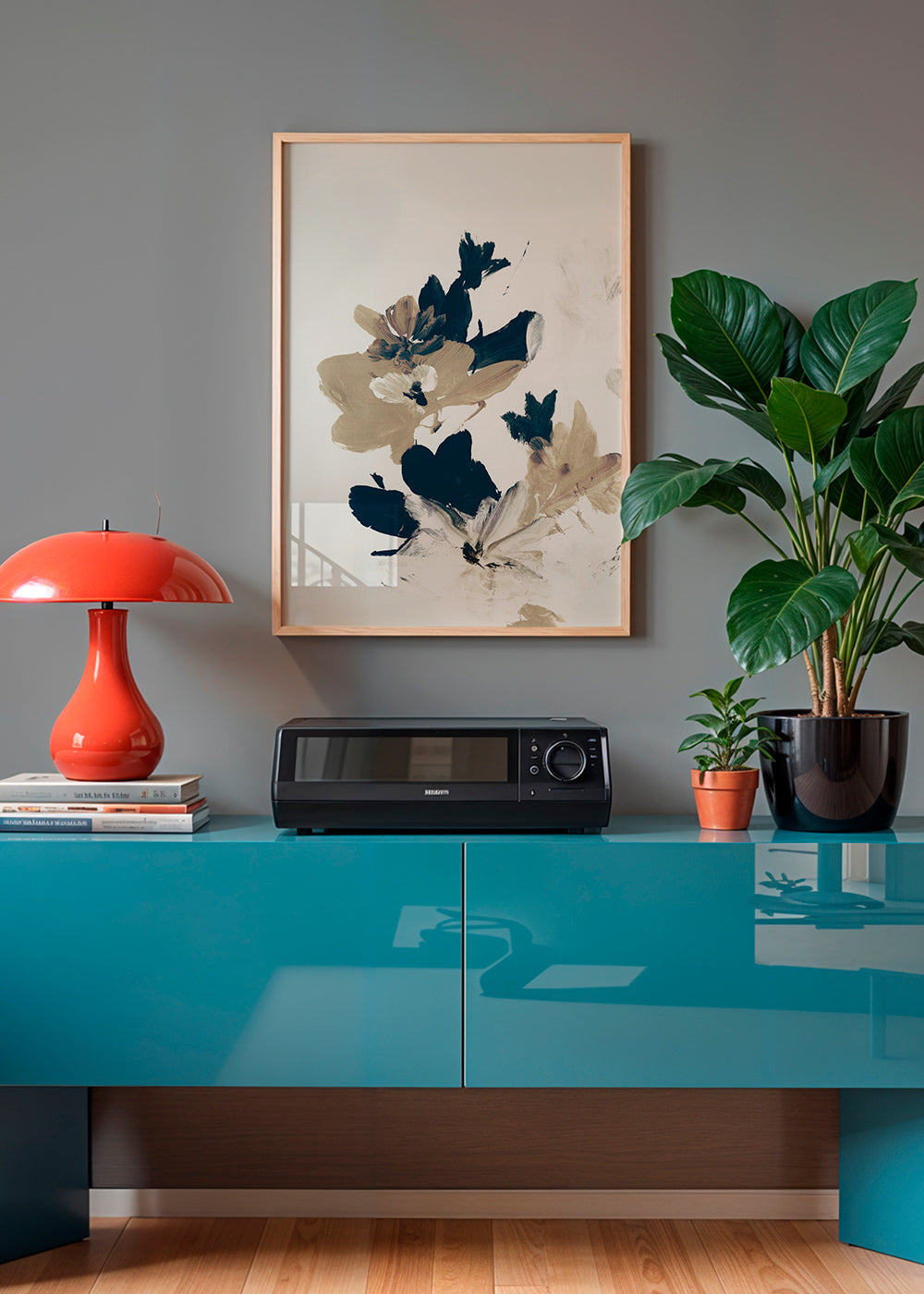 Botanisk plakat med beige og blå penselstrøg