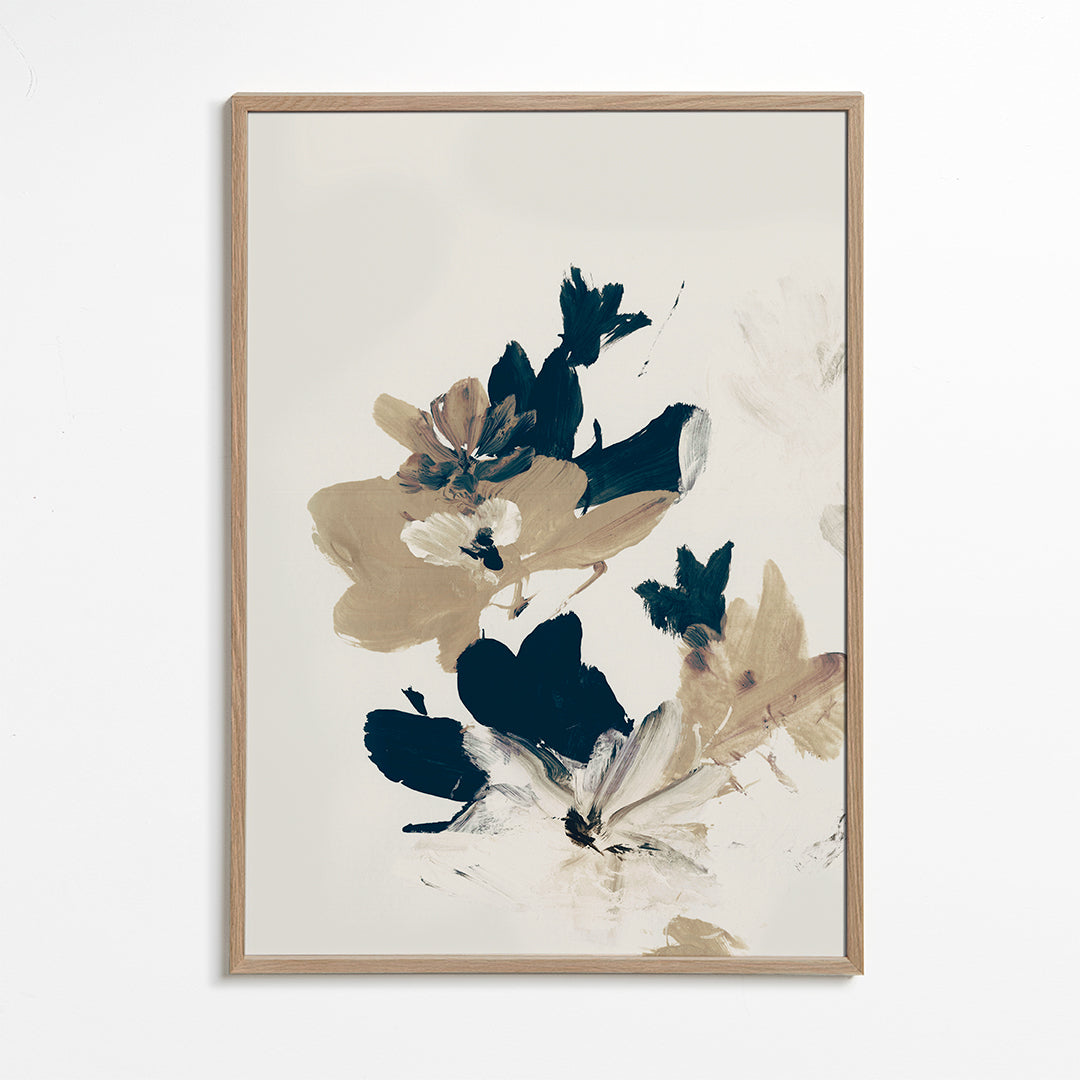 Botanisk plakat med beige og blå penselstrøg