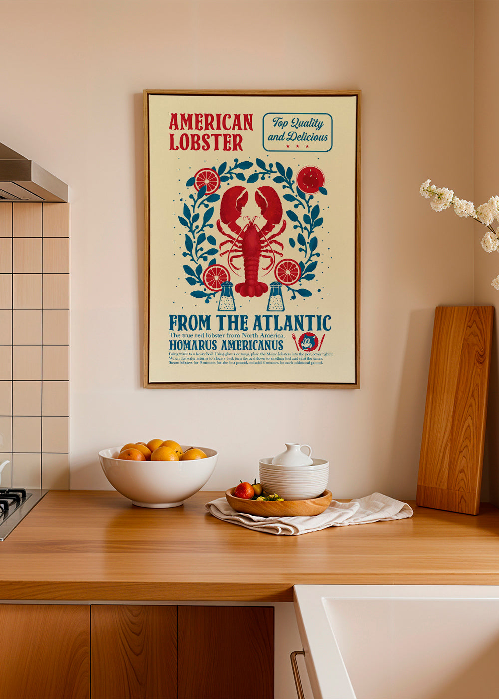 Køkkenplakat med hummer og vintage typografi