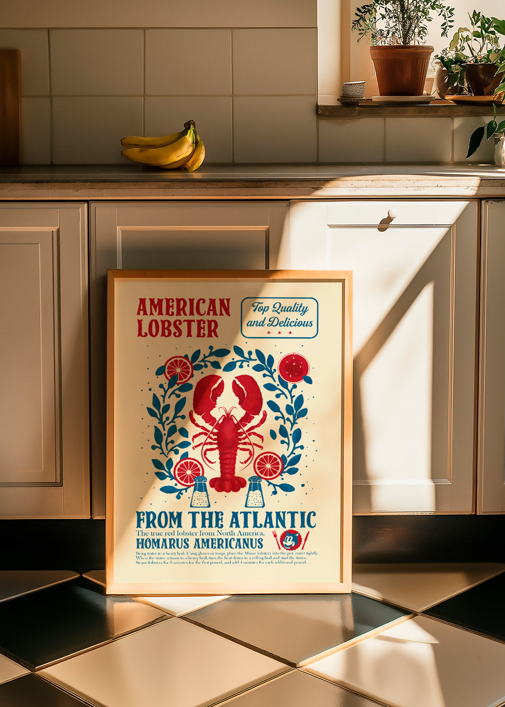 Køkkenplakat med hummer og vintage typografi