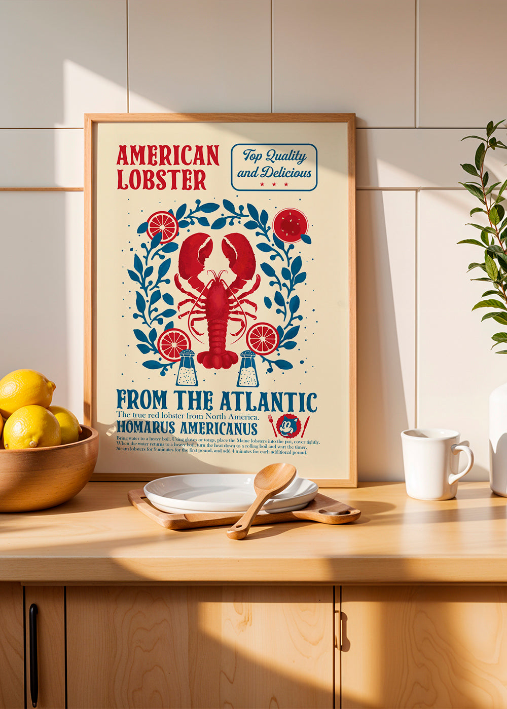 Køkkenplakat med hummer og vintage typografi