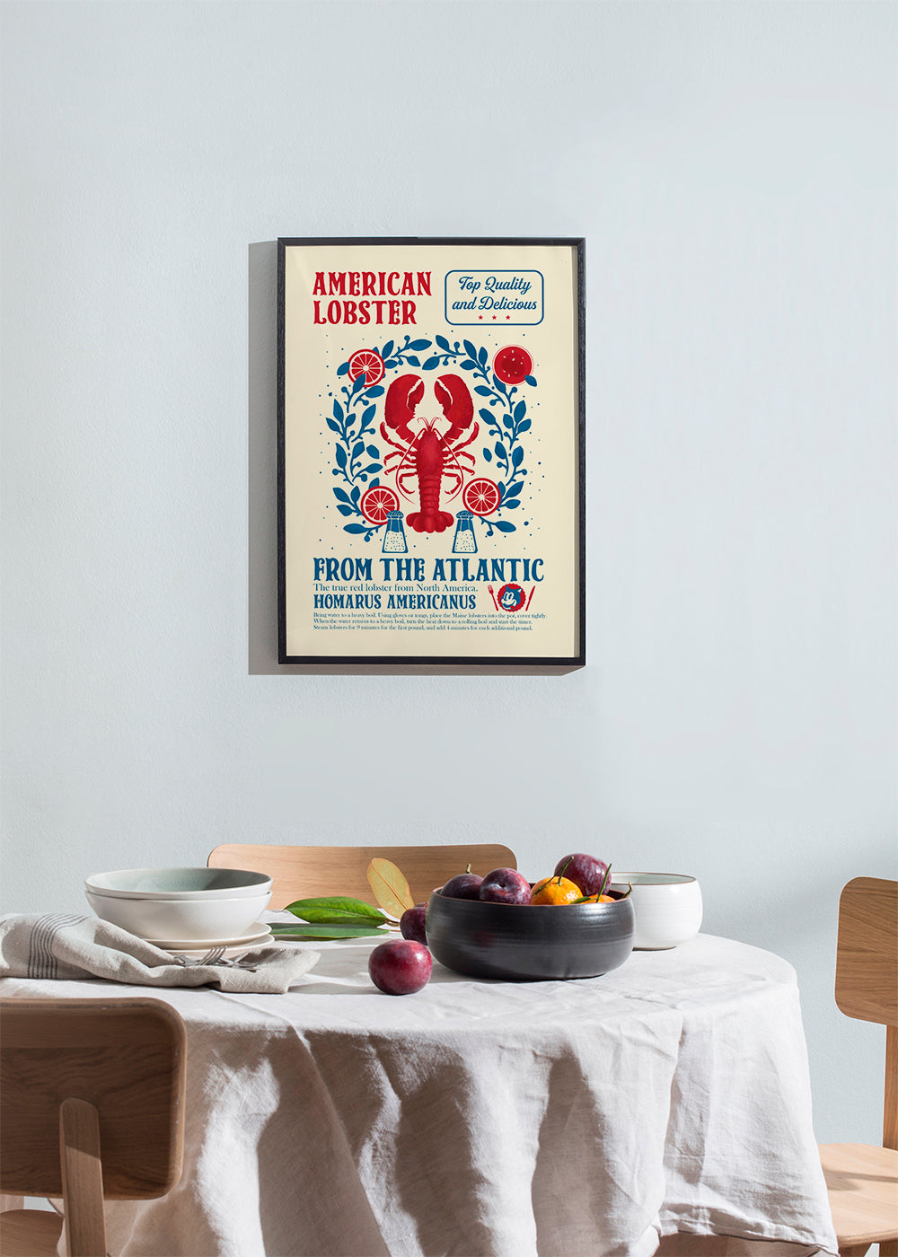 Køkkenplakat med hummer og vintage typografi