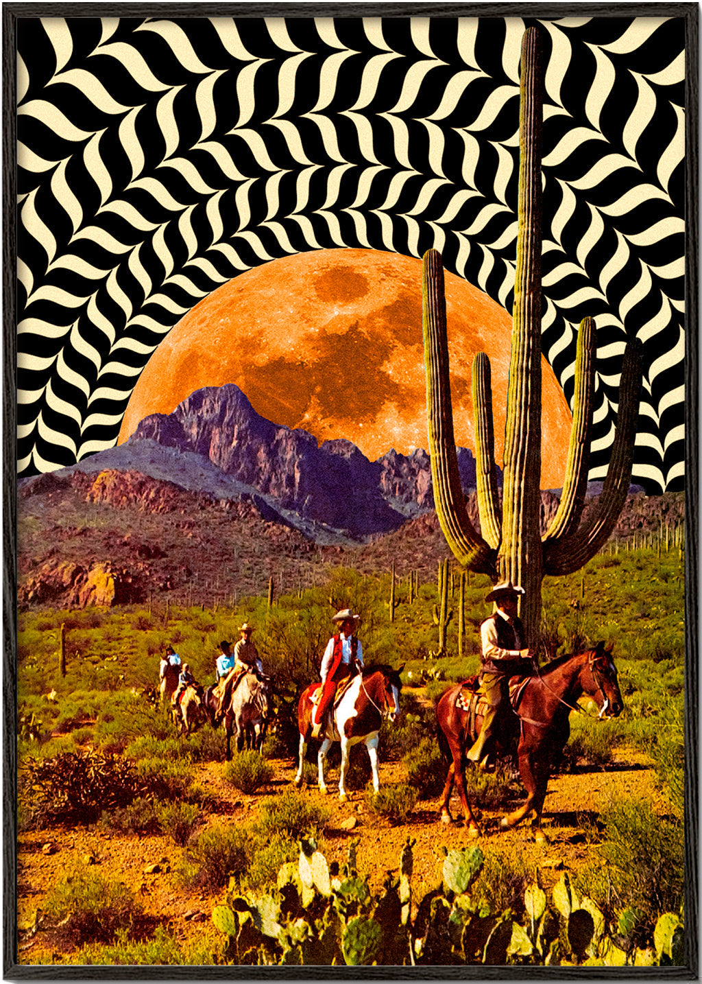 Landskabskunst med cowboys og orange måne