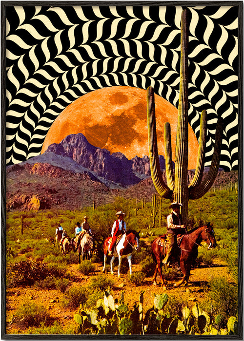 Landskabskunst med cowboys og orange måne
