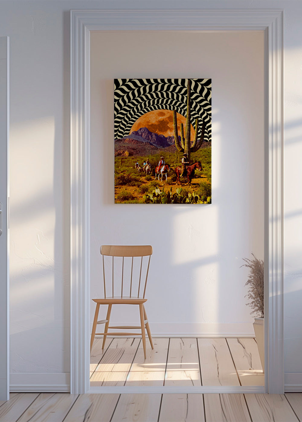 Landskabskunst med cowboys og orange måne
