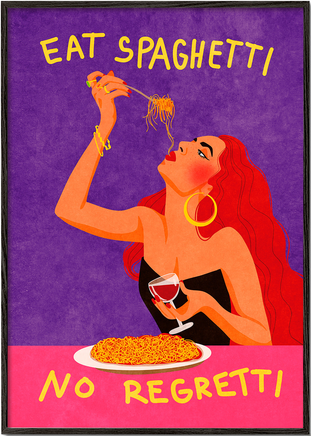 Køkkenkunst pop-illustration: kvinde spiser spaghetti