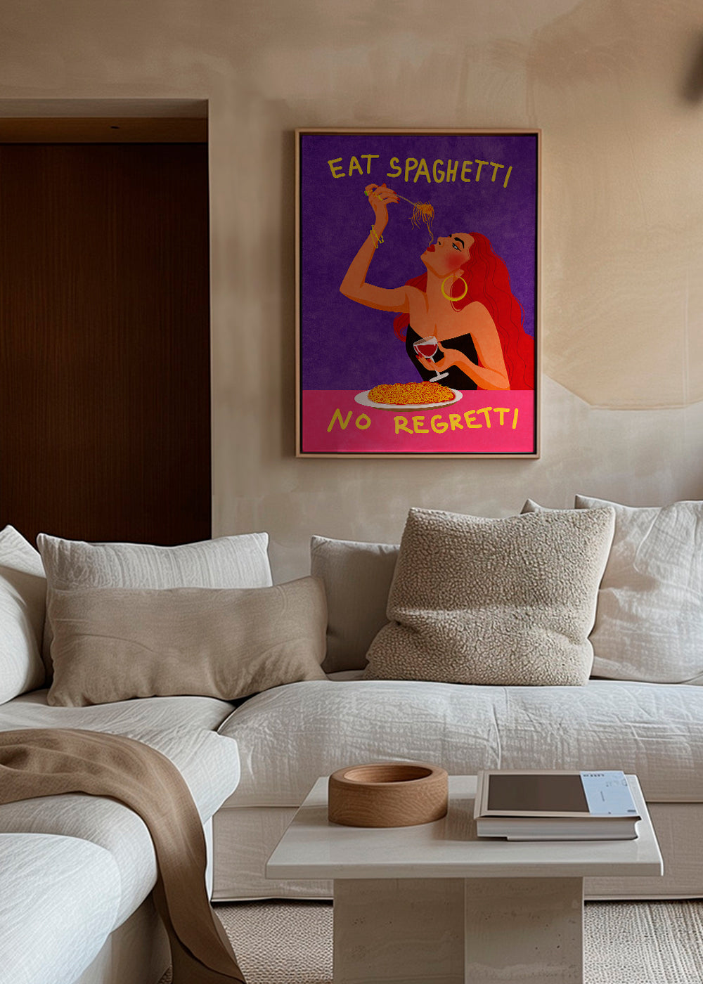 Køkkenkunst pop-illustration: kvinde spiser spaghetti