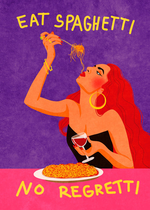 Køkkenkunst pop-illustration: kvinde spiser spaghetti