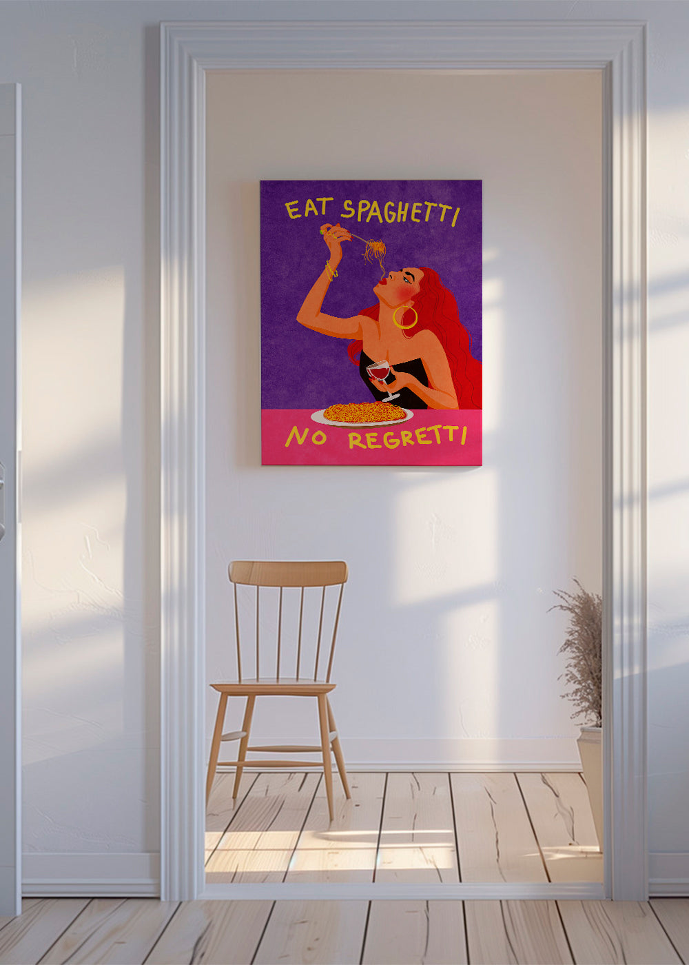 Køkkenkunst pop-illustration: kvinde spiser spaghetti